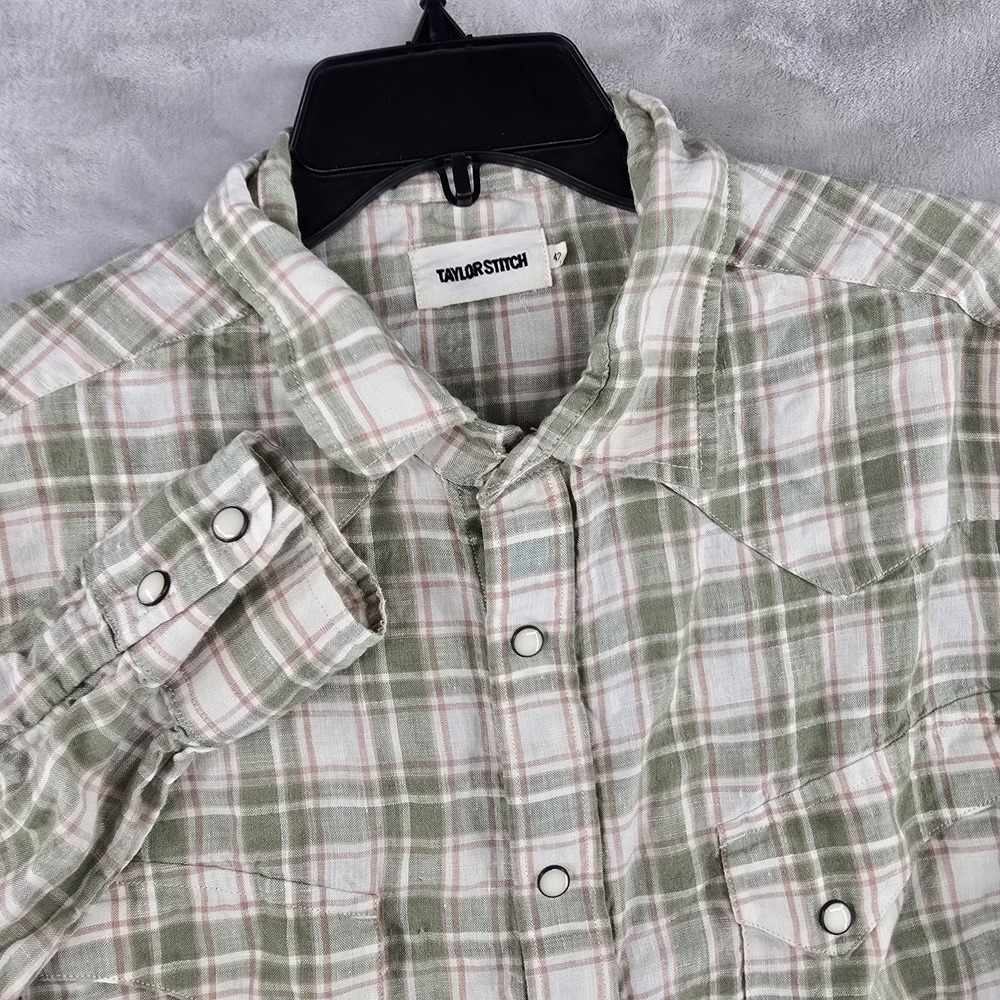 Huckberry Taylor Stitch Linen Pearl Snap‎ Button Down Shirt Green Size 42 Large